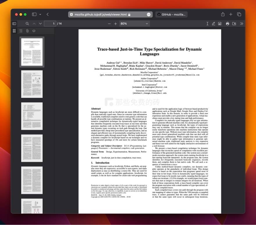PDF.js - 免费开源的 JavaScript 读取、显示 PDF 文档的工具库，由 Mozilla 开发并且持续维护